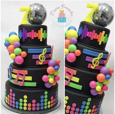 Dance Party Birthday Cake, 80s Theme Cake Birthdays, Dance Party Cake Ideas, Neon Party Cake Ideas, Retro Cake 80's, Disco Party Cake Ideas, 80s Party Cake, Tortas Neon Party, Dance Party Cake