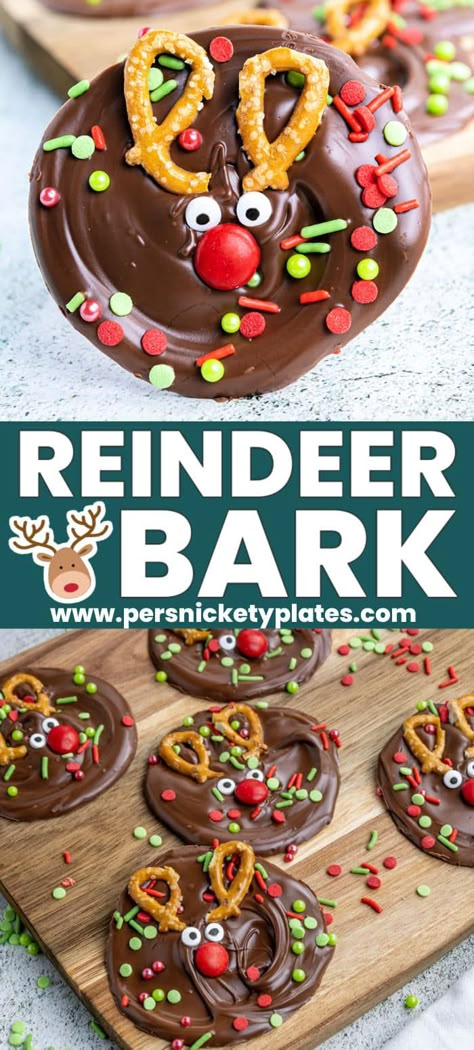 No-bake melted reindeer bark is an adorable and festive treat that can be made with a handful of ingredients in just 25 minutes, including chill time! Bite-size melt-in-your-mouth chocolate rounds with candy for the face and crunchy pretzels for the antlers are an edible craft that anyone can make! Christmas No Bake Treats For Kids, Chocolate Dipped Holiday Treats, Christmas Candy Kids Can Make, Festive Chocolate Bark, Reindeer Bark Recipe, Festive Treats Christmas, Pretzel Reindeer Treats, Reindeer Treats For Kids, Christmas Pretzel Bark