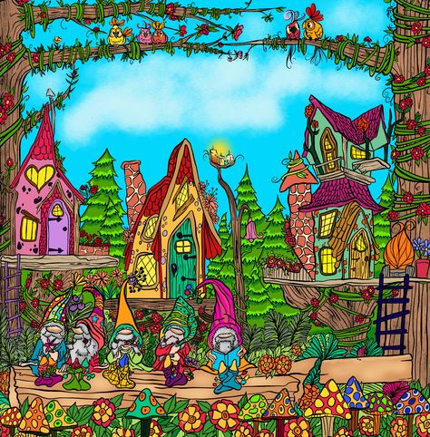 Denyse Klette, Gnome House Illustration, Gnome Garden Painting, Gnomes In The Neighborhood Coloring Book, Hygge Place Coloring Book, Gnomes Book, Secret Garden Coloring Book Finished, Mermaid Fairy, Fairy Coloring