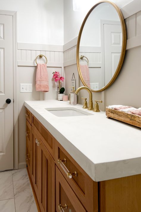 Thick Bathroom Vanity Top, Bathroom Vanity With Concrete Countertop, Alternative Bathroom Countertop, Bathroom With Concrete Countertops, Large Tile Countertops Bathroom, Update Bathroom Countertop, Concrete Countertop Bathroom, Diy Concrete Bathroom Countertops, Cream Concrete Countertops