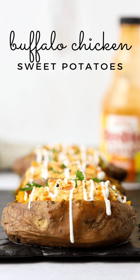 Buffalo Chicken Stuffed Sweet Potatoes | Simply Made Recipes Game Day Dinner Ideas, Buffalo Chicken Crockpot, Buffalo Chicken Stuffed Sweet Potatoes, Dinner Ideas Slow Cooker, Stuffed Veggies, Chicken Sweet Potatoes, Potatoes Stuffed, Crockpot Buffalo Chicken, Stuffed Potatoes