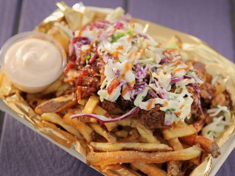 Get The Cowboy Sundae Recipe from Food Network Barbeque Pulled Pork, Winter People, Tarragon Vinegar, Sundae Recipes, Seasoned Fries, Paprika Pork, Philly Cheesesteak, Poutine, The Cowboy