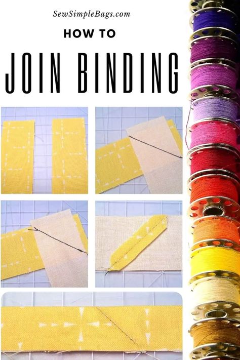 How to join binding. This easy to follow beginners step by step photo tutorial shows how to join binding strips with a diagonal seam to reduce bulk. Works for quilting binding, straight binding, bias binding, and any time you need to join two pieces of fabric while reducing the thickness from a seam with multiple folds. Bias Tape Tutorial, Quilting Binding, Tshirt Quilt Pattern, Diagonal Quilt, Bias Tape Binding, Quilt Binding Tutorial, Big Block Quilts, Sewing Binding, Binding Tutorial