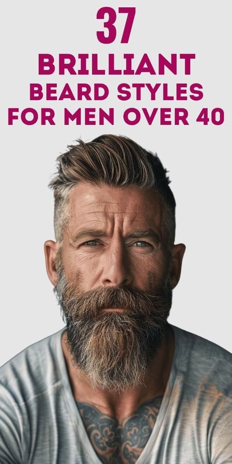 40+ Elegance Unleashed: 37 Refined Beard Styles for Sophisticated Men Over 40 Viking Beards Men, Men’s Long Hair And Beard, Styling Hair Men, Handlebar Mustache And Beard, Grey Beard Styles For Men, Short Beards For Men, 40 Year Old Mens Hairstyles, Haircut For Men With Beard, Chin Strap Beard Style