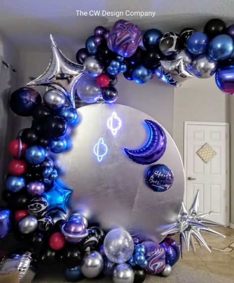 Purple And Dark Blue Party Decorations, Galaxy Balloon Arch, Galaxy Balloon Decor, Purple And Black Balloon Backdrop, Purple Blue Black Balloon Garland, Purple Black Silver Balloon Garland, Pink Purple Black Balloon Arch, Galaxy Balloons, Purple Party Decorations