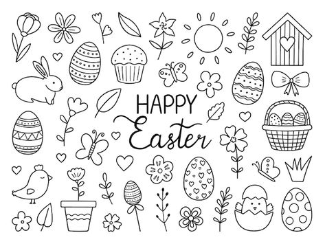 Vector happy easter doodle set easter bu... | Premium Vector #Freepik #vector #bunny #easter #rabbit-illustration #easter-bunny Easter Clipart Black And White, Easter Doodles Easy, Easter Doodles, Spring Doodles, April Planner, Bunny Doodle, Calendar Doodles, Easter Symbols, Floral Doodles