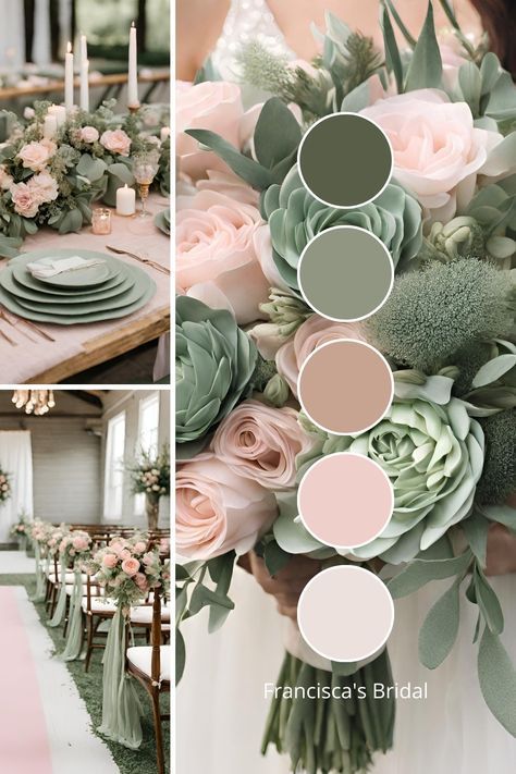 Dusty Rose And Forest Green Wedding, Color Palette Dusty Pink, Dusty Pink And Green Wedding Theme, Green And Pink Wedding Aesthetic, Wedding Sage Green And Pink, Sage Green And Pink Table Setting, Dusty Sage Wedding Color Schemes, Sage Green Mauve Wedding, Sage Green And Rose Gold Wedding