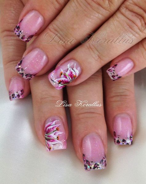 Sculpted gel enhancement with hand painted stargazer lily.  #floralnaildesign #floralnailart #roses #floral #handpaintedflowers #pinkandwhites #frenchnails #gelnails #nailart #handpaintednails #naildesign #nails #lisakorallus #liquidglamour #nailpictures #onestrokepainting #animalprint #lilies #lily #stargazerlily #leopardprint Stargazer Lily Nails, Stargazer Lily Wedding, Lily Nails, Nail Hacks, New Nail Art Design, Floral Nail Designs, Stargazer Lily, Floral Nail, Nail Pictures