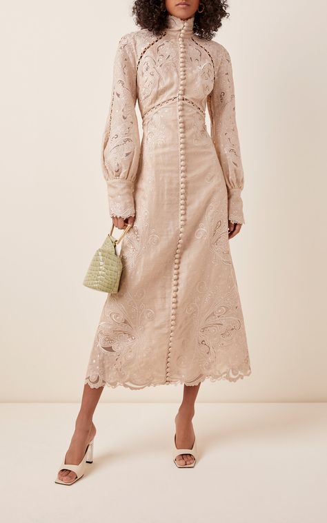 Linen Lace Dress, Zimmerman Midi Dress, Dress With Buttons In Front Style, Zimmerman Dress 2023, Zimmerman Dress Outfit, Zimmerman 2023, Lace Outfit Ideas, Zimmerman Dresses, Schiffli Dress