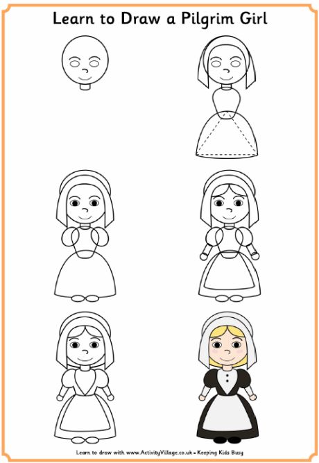 Learn to Draw a Pilgrim Girl Thanksgiving Drawings, Thanksgiving Pictures, The Mayflower, Thanksgiving Projects, Thanksgiving Art, Drawing Tutorials For Kids, Homeschool Art, Art Instructions, Drawing Tutorials