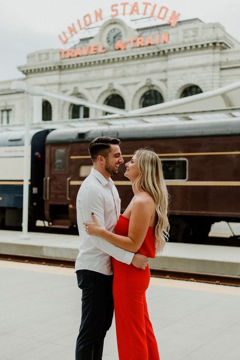 A couple at their engagement session at Union Station in Downtown Denver, CO by Jessica Margaret Photography Union Station Denver, City Engagement Photos, Denver City, Colorado Engagement, Downtown Denver, City Engagement, Engagement Pics, Colorado Elopement, Union Station