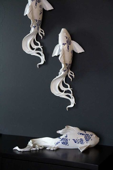 Koi Fish Decor, Blue Koi, Fish Artwork, Fish Wall Decor, Rockett St George, Cerámica Ideas, Found Object Art, Clay Wall, Fishing Decor