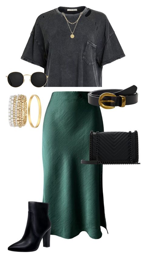 Outfit Ideas With Green Skirt, Emerald Green Satin Skirt Outfit, Amazon Skirt Outfit, Slip Midi Skirt Outfit, Emerald Skirt Outfit, Silk Skirt Outfit Spring, Olive Satin Skirt Outfit, Green Slip Skirt Outfit, Midi Dress And Boots Outfit