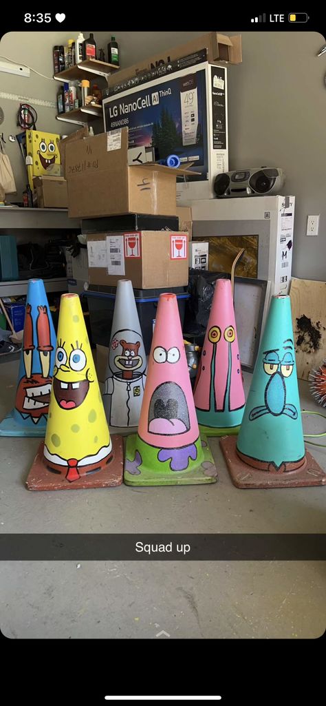 Spongebob Cone Painting, Spongebob Traffic Cone, Traffic Come Paintings, Patrick Traffic Cone Painting, Patrick Traffic Cone, Patrick Star Cone, Patrick Cone Painting, Patrick Star Traffic Cone Painting, Spongebob Room Decor Diy