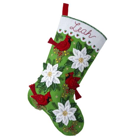 "Purchase Bucilla® 18\" Blossoms And Birds Felt Stocking Applique Kit at Michaels. com. Poinsettias bring traditional holiday spirit to your holiday décor! Poinsettias bring traditional holiday spirit to your holiday décor! Bucilla felt Christmas Stocking kits will help you make your craft project into a cherished family heirloom. Bucilla has been the number one crafter's choice in needle crafts and felt stocking kits for over 150 years. Made in USA. Details: Multicolored 18\"Contents: Stamped f Felt Stockings Christmas, Felt Stocking Kit, White Poinsettia, Christmas Stocking Kits, Felt Christmas Stockings, Holiday Mantel, Felt Stocking, Stockings Christmas, Christmas Craft Kit