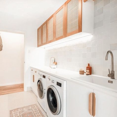 Kitchen Sink White, Timber Shelves, White Kitchen Sink, Laundry Design, Laundry Room Inspiration, Coastal Bathrooms, Laundry Sink, Feature Tiles, Blue Space