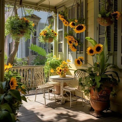 Sunflower House Garden, Cottage Front Porch, Sunflower Cottage, Monique Lula, Sunflower House, Fantasy Rooms, Porch And Balcony, Sunflower Decor, Decks And Porches