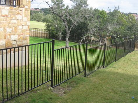 Fence on Slope Ideas Fence On Slope, Aluminum Fence Landscaping, Black Fencing, Log Fence, Temporary Fence, Wood Picket Fence, Fencing Options, Iron Fences, House Fence