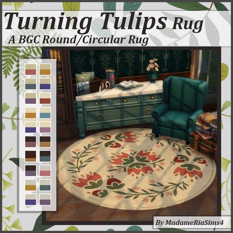 Turning Tulips Round Rug | MadameRia on Patreon Sims 4 Cc Cottage Living Recolor, Sims 4 Maxis Match Cc Cottagecore Furniture, Cottage Core Sims 4, Sims 4 Cottage Cc, Ts4 Cottage, Sims 4 Cottagecore Cc, Sims 4 Cottagecore, Sims World, Sims 4 Cottage