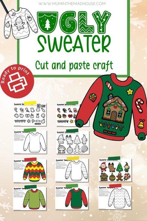 Get ready for holiday fun with this easy Ugly Sweater craft for kids! Download free printables, cut, decorate, and let your little ones create their own festive sweater.#UglySweaterCraft #HolidayCraftsForKids #FreePrintables #ChristmasCrafts #DIYForKids Ugly Christmas Sweater Craft, Ugly Sweater Craft, Crazy Christmas Sweaters, Diy Ugly Sweater, Ugly Sweater Day, Spirit Days, Sweater Diy, Ugly Sweater Diy, Boys And Girls Club