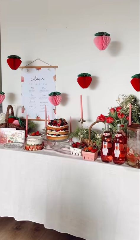 Berry Themed Party Decorations, Strawberry Party Dessert Table, Strawberry Themed 1st Birthday Table Decor, Vintage Strawberry Birthday Party, Raspberry Themed Party, Strawberry Theme Decorations, My Berry 1st Birthday, My Berry First Birthday Food, Strawberry Candy Table