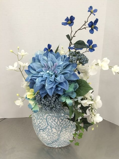 Artificial Vase Arrangements, Artificial Flower Arrangements For Table, Elegant Decorating Ideas, Blue Floral Arrangements, Fake Flower Arrangements Diy, Fake Flower Arrangements, Spring Flower Arrangements, Spring Floral Arrangements, Artificial Floral Arrangements