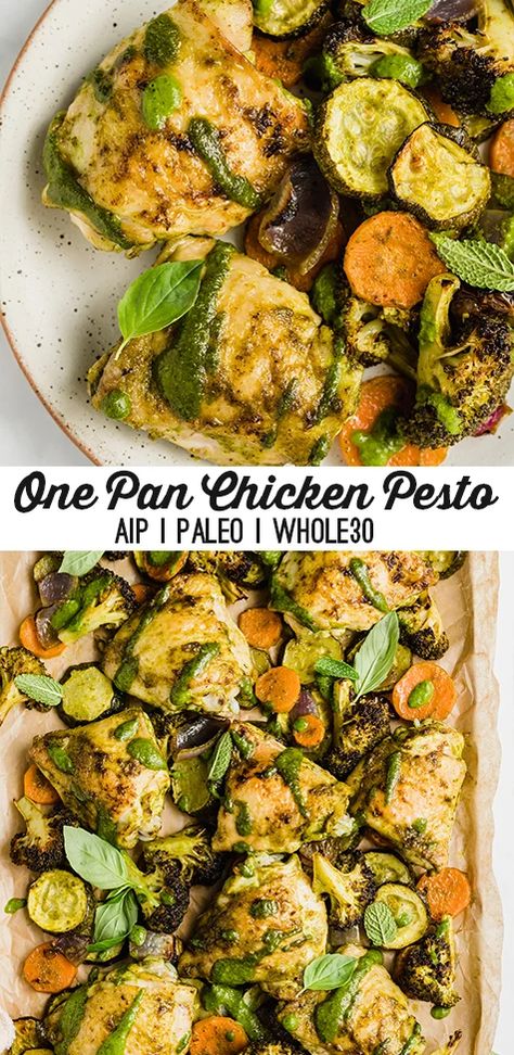 One-Pan Chicken Pesto With Vegetables (Whole30, Paleo, AIP) - Unbound Wellness Pesto With Vegetables, Aip Recipes Dinner, Aip Dinners, Aip Chicken, Aip Protocol, Aip Dinner, Aip Foods, Paleo Pesto, Aip Diet Recipes