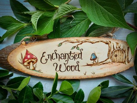 Enchanted Wood Hanging Sign, Pyrography Fairy-tale Decor, Fairy House and Red Toadstool Illustration - Etsy Fairytale Decor, Bark Edge, Enchanted Wood, Snowman Christmas Decorations, Tree Artwork, Wooden Slices, Personalized Wall, Wood Slices, Flower Illustration