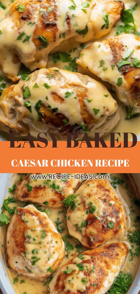 Delicious Easy Baked Caesar Chicken topped with creamy dressing and Parmesan cheese. This pin showcases two images of the juicy chicken dish, perfect for an easy family dinner. Chicken Breast Dinner Ideas Oven, Chicken Caesar Salad Casserole, Cesar Chicken Baked, Cesar Chicken, Baked Caesar Chicken, Chicken Cesar, Creamy Caesar Dressing, Potato Bacon Soup, Caesar Chicken