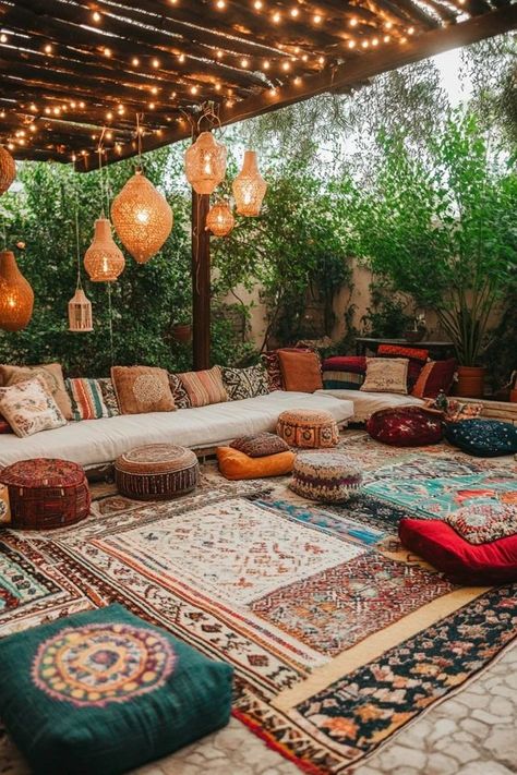 "Transform your outdoor area into a boho paradise with Boho Chic Decor! 🌿🪑 Ideal for adding a touch of whimsy and creativity to your patio or garden. 🌿✨ #BohoOutdoor #GardenInspiration #BohemianLiving" Boho Chic Patio, Colours That Go With Grey, Chic Patio, Mermaid Tile, Boho Outdoor, Eclectic Bedroom, Bohemian Living, Coastal Design, Glass Mosaic Tiles