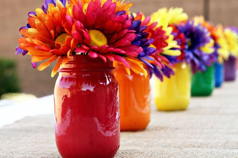 Love these centerpieces at a Rainbow Breakfast Party found via Kara's Party Ideas | KarasPartyIdeas.com #rainbow #breakfast #party Mexican Birthday, Mixed Flowers, Fiesta Theme Party, Golden Eagles, Jar Centerpieces, Mexican Party Theme, Fiesta Theme, Boda Mexicana, Fiesta Birthday