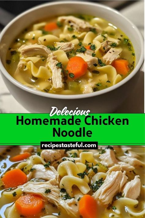 Homemade Chicken Noodle Soup is a classic and comforting dish perfect for cold days or when you're feeling under the weather. This recipe features a flavorful homemade chicken stock made from a rotisserie chicken, combined with sautéed vegetables, tender egg noodles, and juicy shredded chicken. It's a nourishing and heartwarming soup that brings together simple ingredients for a delicious result. Pizza Pasta Casserole, Chicken Noodle Soup Recipe Homemade, Soup Homemade, Homemade Chicken Noodle, Flavorful Vegetables, Crock Pot Chicken, Pasta Casserole, Chicken Noodle Soup Homemade, Winter Evening