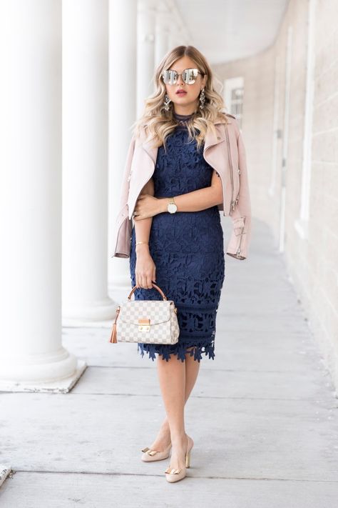 Navy Blue Lace Skirt Outfit, Navy Blue Dress With Blazer, Lace Dress With Blazer, Navy Blue And Pink Outfit, Outfit Vestido Casual, Blue Lace Dress Outfit, Navy Dress Outfit, 23 Photoshoot, Outfit Vestido Rojo