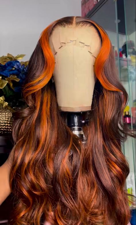 Ginger Wig With Highlights, Black Wig With Orange Highlights, Fall Colored Wigs For Black Women, Custom Colored Wigs, Orange On Black Women, Fall Hair Colors Black Women, Fall Color Hair Ideas, Brown And Orange Hair, Orange And Brown Hair