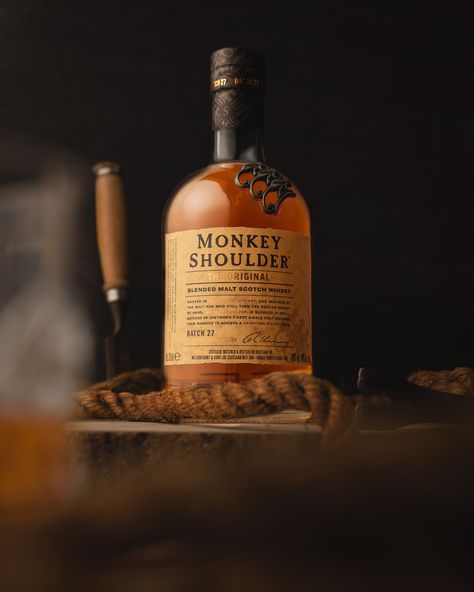 Product photography of the whisky Monkey Shoulder Whiskey And Cigars Photography, Whisky Product Photography, Whiskey Product Photography, Bourbon Photography, Liquor Photography, Whisky Photography, Whiskey Photography, Monkey Shoulder, Amazing Food Photography