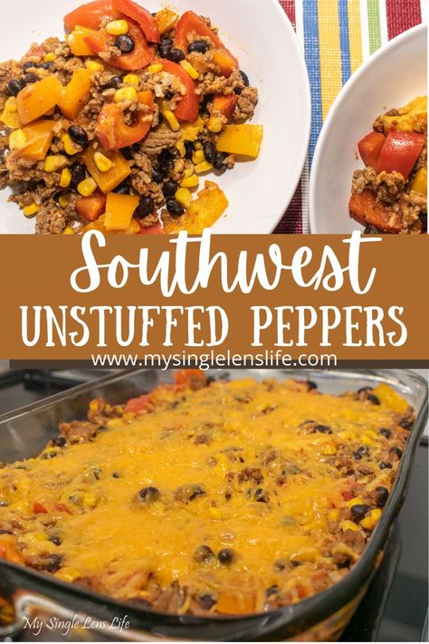 This colorful casserole is a complete meal: meat, rice, veggies, and ALL the flavors. Southwest unstuffed peppers are so simple to make and so satisfying. Unstuffed Pepper Casserole, Southwest Stuffed Peppers, Unstuffed Peppers, Stuffed Pepper Casserole, Stuffed Peppers Turkey, So Satisfying, Health Eating, Daughter In Law, Cut Up