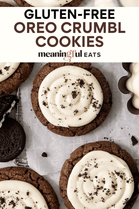 Gluten-Free Oreo Crumbl Cookies Quick Gluten Free Desserts, Autumn Snacks, Gluten Free Baked Goods, Decadent Cookies, Gluten Free Crumble, Gluten Free Oreos, Meaningful Eats, Crumble Cookie Recipe, Gf Sweets