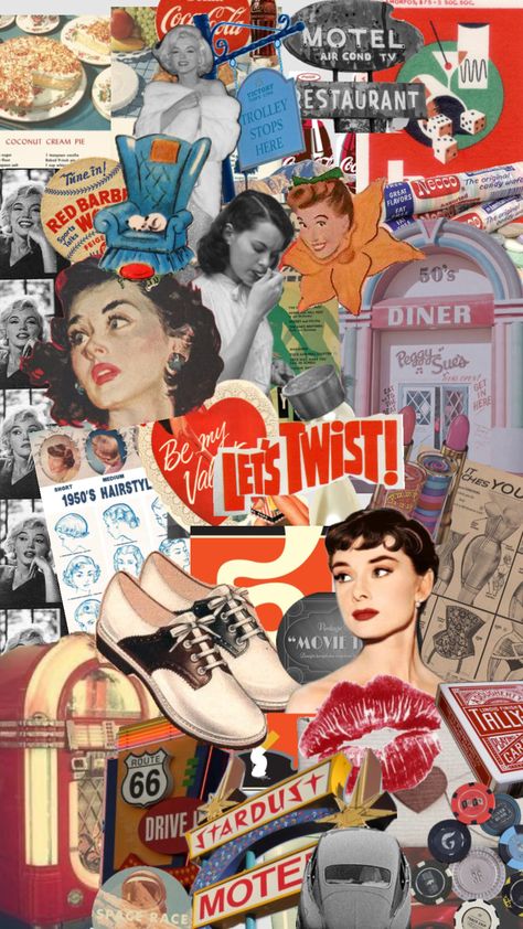 #1950s 1950s Aesthetic Art, 50s Aesthetic Wallpaper, 50s Aesthetic Fashion, 1950s Collage, The 50s Aesthetic, 1950 Aesthetic, 40s Aesthetic, 50s Wallpaper, Preppy Backgrounds