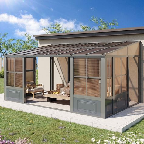 Add fun to your outdoor space with this wall mounted solarium sunroom. This extension will provide you with a space for your beloved family and friends to gather, dine and relax, or it can be the perfect place for your spa. Small Sunroom Addition, Small Sunroom Ideas, Outdoor Screen Room, Sunroom Kits, Outdoor Sunroom, Modern Sunroom, Small House Extensions, Permanent Gazebo, Small Sunroom