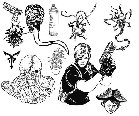 Resident Evil Tattoos Ideas, Resident Evil Flash Tattoo, The Evil Within Tattoo, Resident Evil Tattoo Design, Horror Flash Tattoo, Gaming Tattoo Ideas, Resident Evil Drawing, Video Game Tattoo Ideas, Game Tattoo Ideas