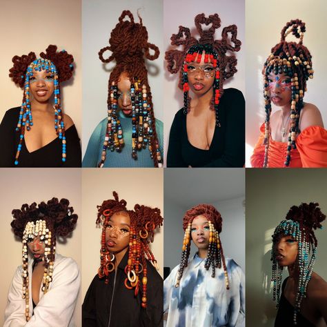 Unique Faux Locs Styles, Loc Styles For Concert, Unique Hairstyles Black Women, Maximalist Hair, Creative Loc Styles, Locs With Beads, Poc Hairstyles, Jade Braids, Hair References