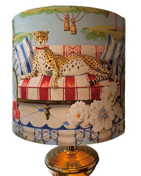 This beautiful lampshade has been covered in a stunning Harrison Howard fabric featuring cheetahs, flamingos and lots of fauna and flora. It is sure to  make a statement in any room.  Handmade in beautiful Greenville, SC. All lampshades have a single seam and rolled edges. Please note that the pattern placement can vary however I try my best to ensure optimal placement each time. The pattern will not always match up at the seam. The shape of the shade is a drum shape which means the top and bott African Airbnb, Parrot Lamp, Decoupage Lampshade, Harrison Howard, Flamingo Lamp, Crane Lamp, Mold Art, Unique Lampshades, Decorate House