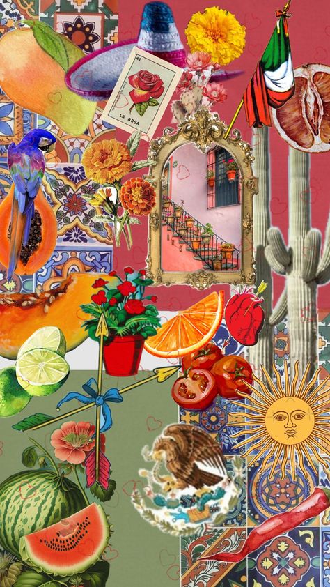 #mexico #mexican #flowers #colorful #fruit Mexican Tile Wallpaper, Mexican Mood Board, Mexican Cottagecore, Mexican Doodles, Mexican Asethic, Mexican Collage, Mexican Shrine, Mexican Street Art, Mexican Board