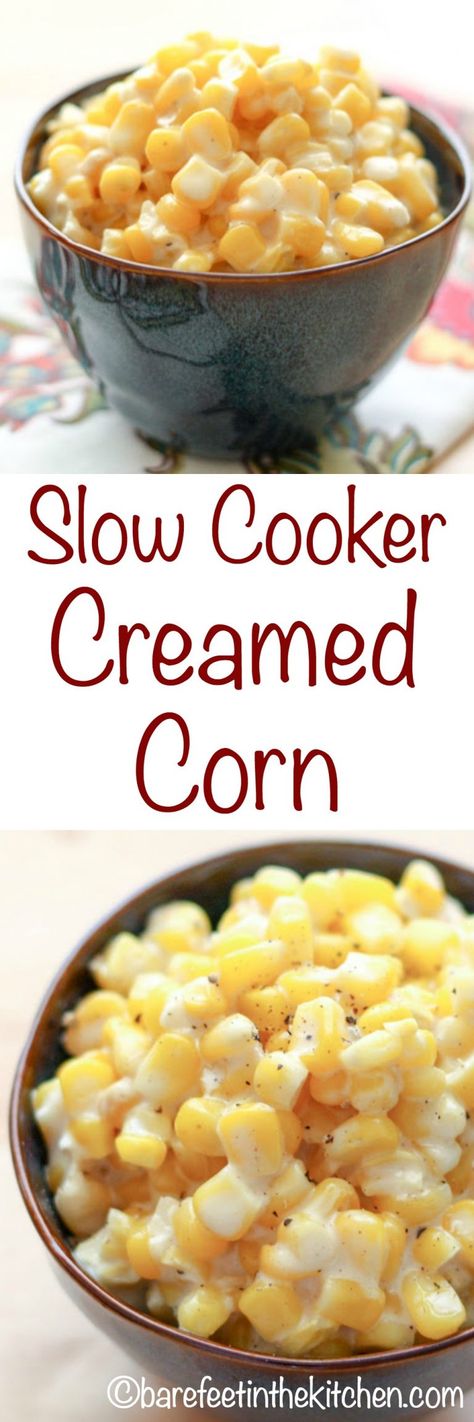 Slow-Cooker Creamed Corn - just like Rudy's BBQ! get the recipe at barefeetinthekitchen.com Food Crockpot, Slow Cooker Creamed Corn, Creamed Corn Recipes, Cream Corn, Thanksgiving Food Sides, Corn Recipe, Veggie Tales, Thanksgiving Recipes Side Dishes, Thanksgiving Dishes