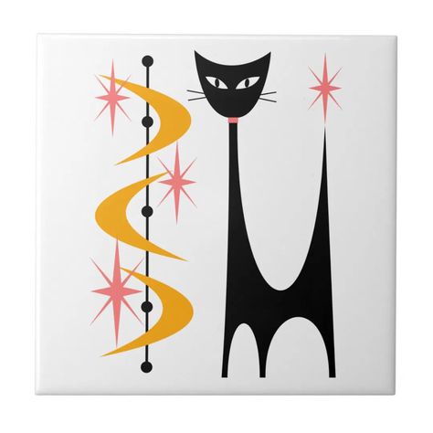 Mid Century Atomic Cat with Yellow Boomerangs Tile | Zazzle Pet Cafe, Atomic Cat, Mid Century Cat, Cat Bath, Boomerangs, Cat Quilt, Cuddle Buddy, Cat Crafts, Pink Cat