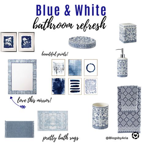 Blue and white bathroom decorating Light Blue Bathroom With Black Accents, Dark Blue Towels In Bathroom, Blue Marble Bathroom Decor, Blue And White Bathroom Towels, Greek Style Bathroom Blue And White, Blue White Bathroom Decor, Blue White Powder Room, Bathroom Decor Blue And White, Blue And White Guest Bathroom