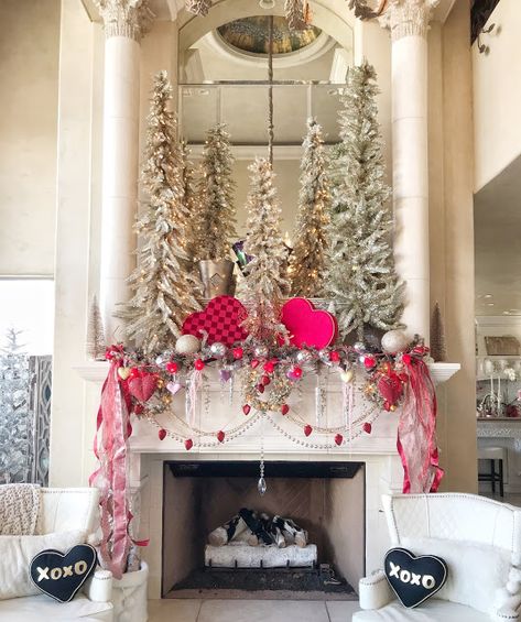 Valentine's Mantel and Tree - Purple Chocolat Home Valentine Day Mantle Ideas, Valentine Mantle Ideas, Valentines Day Mantel Decor, Valentine Fireplace Mantel, Valentine Mantel Decorating Ideas, Valentine’s Day Mantel Decor, Valentines Mantel Decor, Valentines Fireplace Decorations, Valentine’s Day Mantle