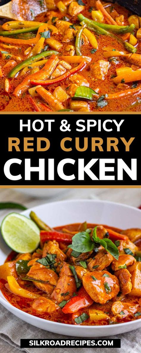 This Hot and Spicy Red Curry Chicken is a Thai recipe that can be made in less than 40 minutes and give you all the heat you’re looking for. If you need to tone down the spice, eat this Thai Curry with naan bread or rice. The juicy chicken with the curry sauce is delicious! Spicy Thai Red Curry Chicken Casserole, Spicy Red Curry Chicken, Spicy Thai Curry Recipes, Curry Recipes Spicy, Best Red Curry Recipe, Ted Thai Chicken Curry, Thai Recipes Spicy, Spicy Thai Chicken Recipes, Spicy Red Curry