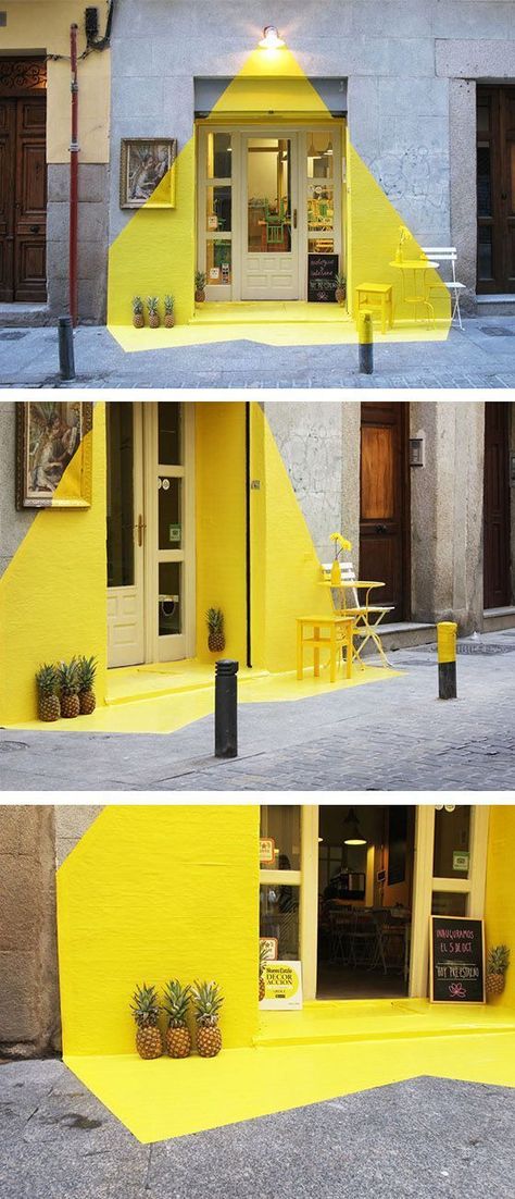 yellow boards or fabric to easily identify shop area, or checkout zone. Like how it changes at different angles Yellow House, Design Exterior, Installation Design, Design Del Prodotto, Land Art, Cafe Design, Design Case, Retail Design, Window Display