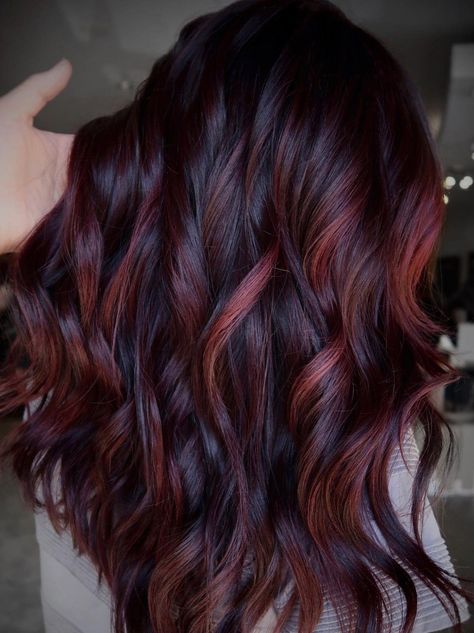 Fun Fall Balayage, Wine Balayage, Red Bayalage, Blackberry Hair, Boliage Hair, Red Highlights In Brown Hair, Mauve Hair, Baylage Hair, Red Balayage Hair